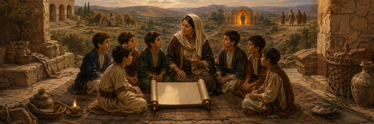 A mother teaches her seven sons from an unmarked scroll with biblical examples of courage visible beyond